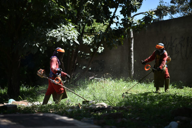 na foto, dois homens de uniforme da Novacap fazem a roçagem da grama