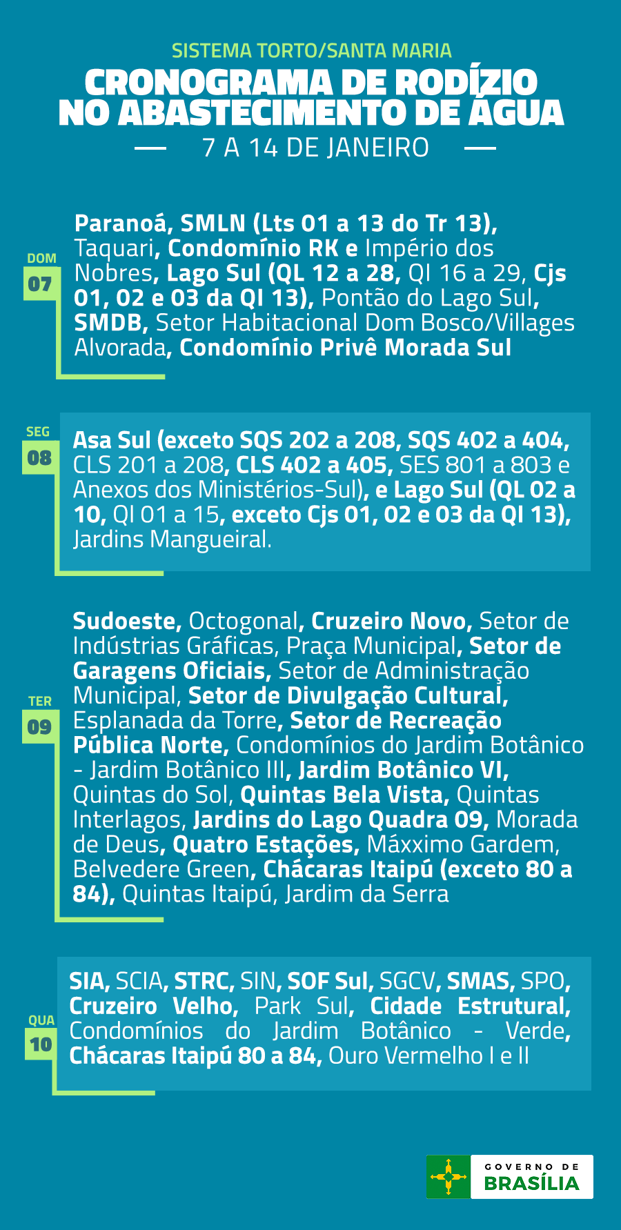 Sistema Santa Maria/ Torto 07/01 – Paranoá, SMLN (Lts 01 a 13 do Tr 13), Taquari, Condomínio RK e Império dos Nobres, Lago Sul (QL 12 a 28, QI 16 a 29, Cjs 01, 02 e 03 da QI 13), Pontão do Lago Sul, SMDB, Setor Habitacional Dom Bosco/Villages Alvorada, Condomínio Privê Morada Sul. 08/01 – Asa Sul (exceto SQS 202 a 208, SQS 402 a 404, CLS 201 a 208, CLS 402 a 405, SES 801 a 803 e Anexos dos Ministérios-Sul) e Lago Sul (QL 02 a 10, QI 01 a 15, exceto Cjs 01, 02 e 03 da QI 13), Jardins Mangueiral 09/01 – Sudoeste, Octogonal, Cruzeiro Novo, Setor de Indústrias Gráficas, Praça Municipal, Setor de Garagens Oficiais, Setor de Administração Municipal, Setor de Divulgação Cultural, Esplanada da Torre, Setor de Recreação Pública Norte, Condomínios do Jardim Botânico - Jardim Botânico III, Jardim Botânico VI, Quintas do Sol, Quintas Bela Vista, Quintas Interlagos, Jardins do Lago Quadra 09, Morada de Deus, Quatro Estações, Máxximo Gardem, Belvedere Green, Chácaras Itaipú (exceto 80 a 84), Quintas Itaipú, Jardim da Serra 10/01 – SIA, SCIA, STRC, SIN, SOF Sul, SGCV, SMAS, SPO, Cruzeiro Velho, Park Sul, Cidade Estrutural, Condomínios do Jardim Botânico - Verde, Chácaras Itaipú 80 a 84, Ouro Vermelho I e II